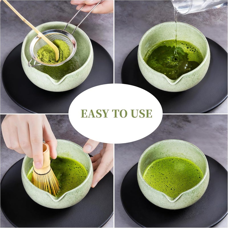 YIBO Matcha Whisk Set With Bowl, Ceramic Matcha Making Kit Includes Bamboo Whisk (Chasen), Holder Stand, Powder Starter Sifter, Scoop, Measuring Spoon & Cup Tea Tools For Ceremony (Mottled Green) - Image 4